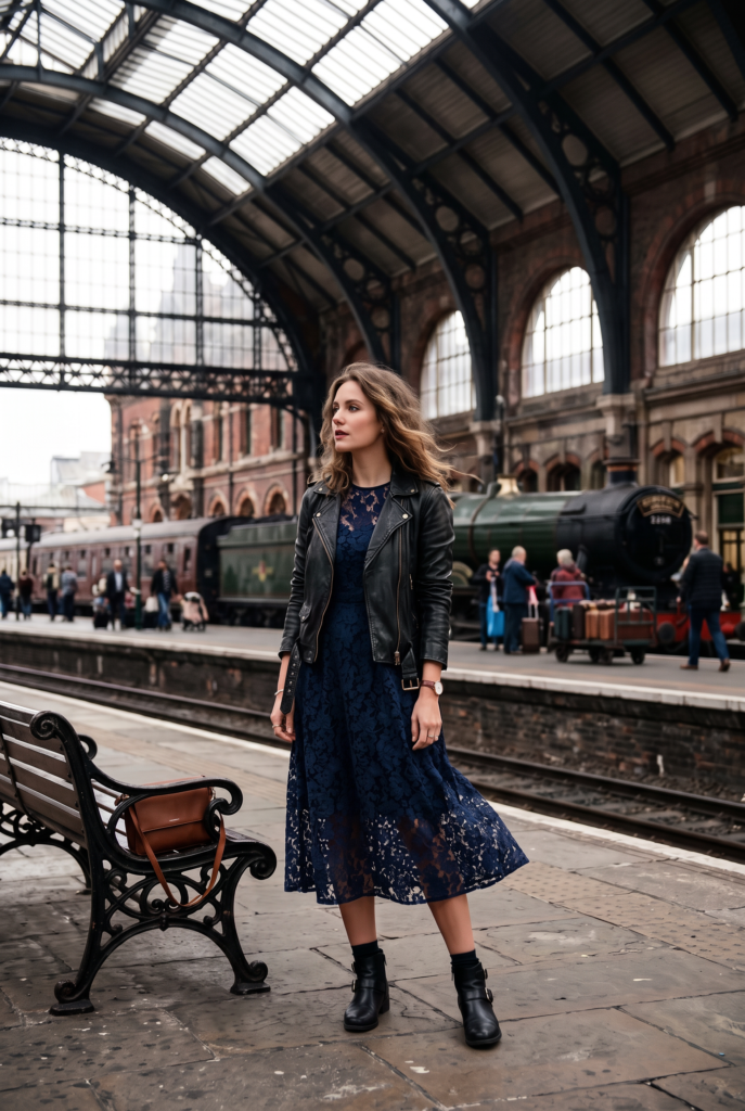 A woman in a train station wearing an elegant autumn outfit.