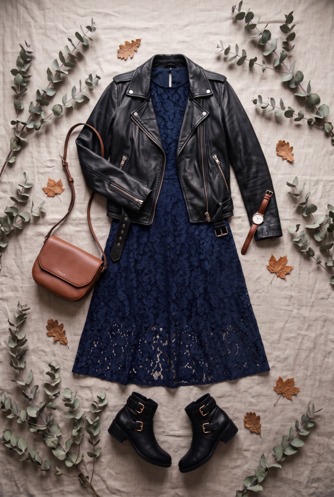 Soft navy lace dress and black leather jacket; romantic, and edgy