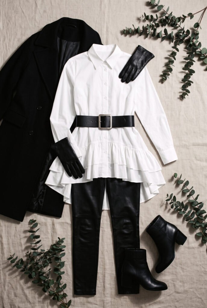 A high-contrast dark feminine fall outfit with a modern, confident feel.