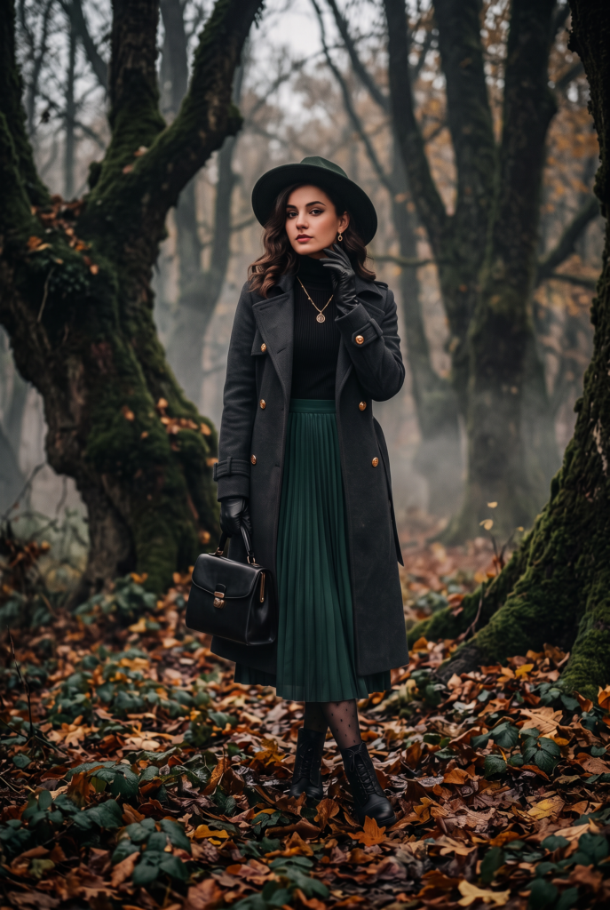 Woman wearing dark green pleated skirt outfit in foggy forest