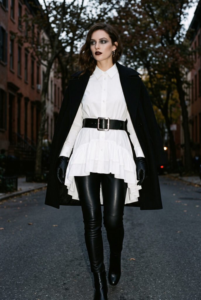 Woman wearing a bold, dark outfit.