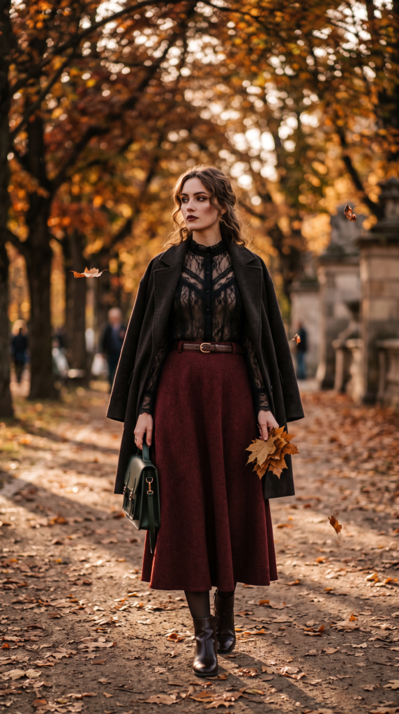 Beautiful woman in a autumn setting, wearing a dark romantic outfit made of a burgundy midi skirt, with a charcoal coat left open over a lace blouse