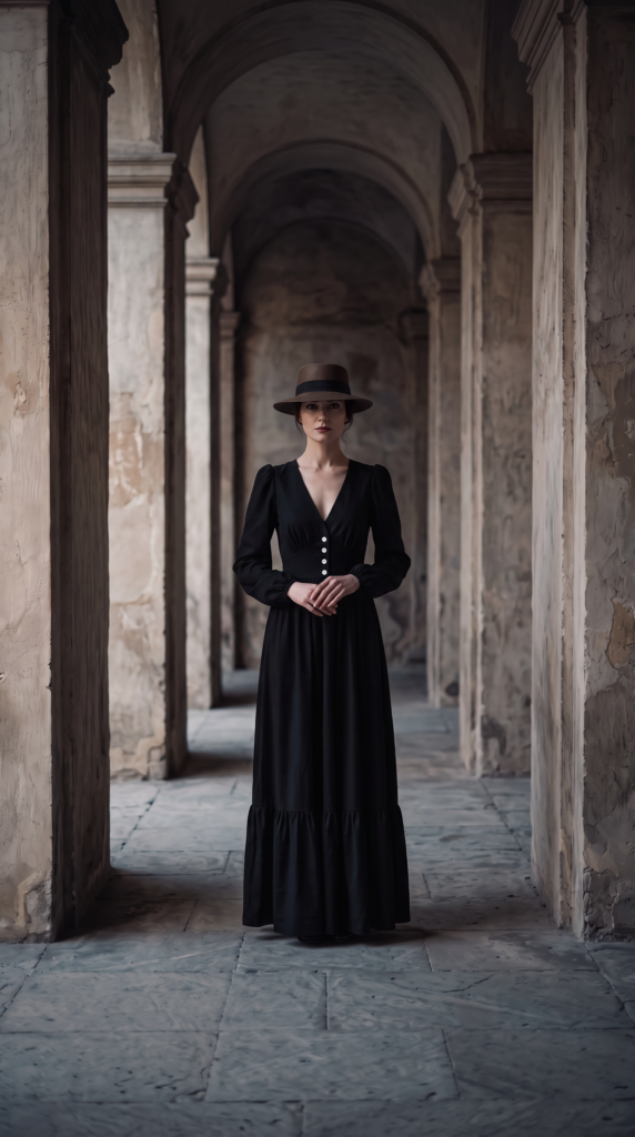 Woman wearing a long black dress with delicate button details and a tiered hem, paired with a brown felt hat for a mysterious, timeless autumn look.