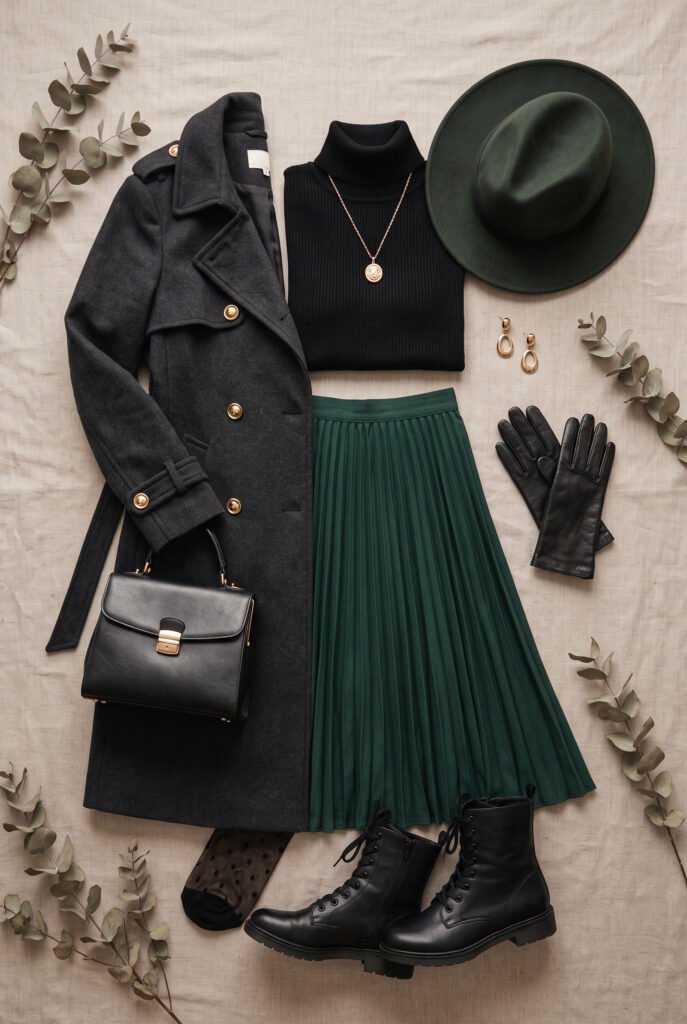 Dark green pleated skirt, black turtleneck and a structured charcoal coat, worn together for a classic, polished fall silhouette. Leather gloves and a felt hat add a quiet, moody finish.