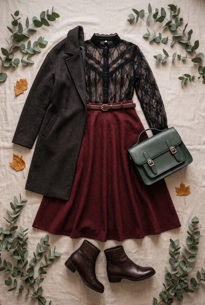 Dark romantic fall look: A burgundy wool midi skirt, sheer black lace blouse and charcoal coat, finished with a forest-green satchel and brown ankle boots.