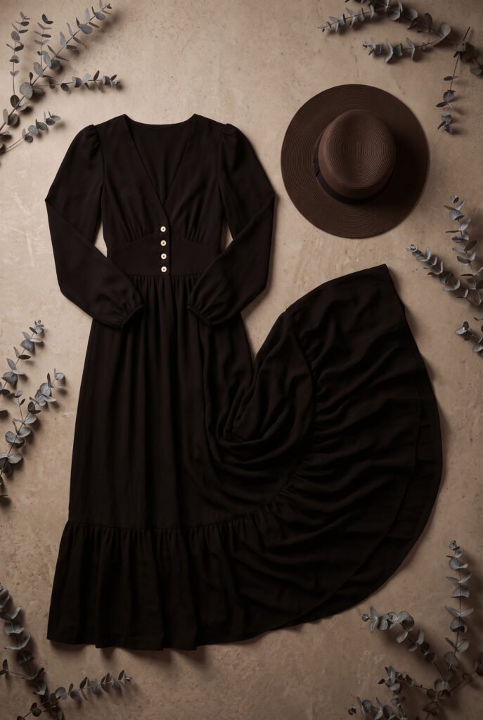 A simple autumn outfit idea; black maxi dress and a felted hat